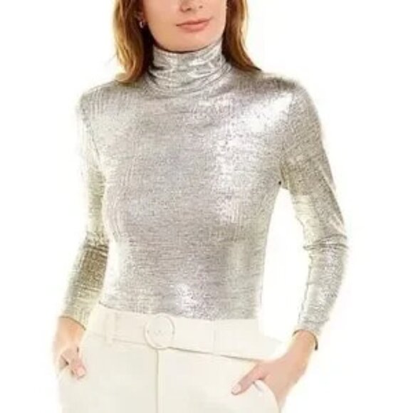 Anne Klein Metallic Foil Silver Turtleneck Stretch Ruched Neck Size Small - Picture 1 of 12